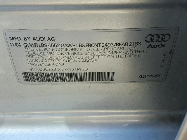 WAUJC68EX5A120420 - 2005 AUDI A4 1.8T SILVER photo 10