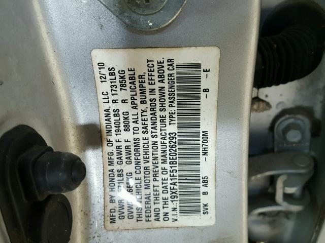 19XFA1F51BE026293 - 2011 HONDA CIVIC LX SILVER photo 10