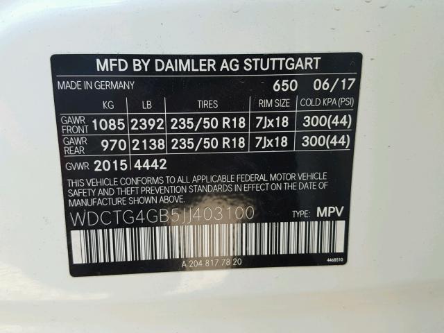 WDCTG4GB5JJ403100 - 2018 MERCEDES-BENZ GLA 250 4M WHITE photo 10