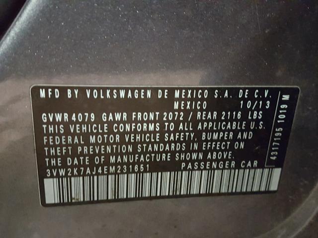 3VW2K7AJ4EM231651 - 2014 VOLKSWAGEN JETTA BASE 灰色 照片 10