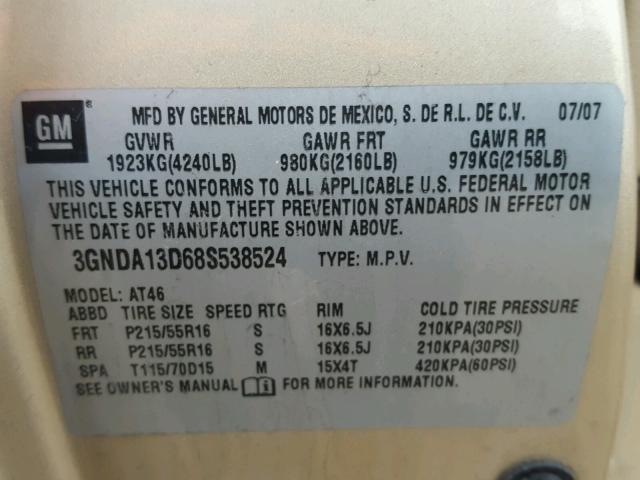 3GNDA13D68S538524 - 2008 CHEVROLET HHR LS GOLD photo 10