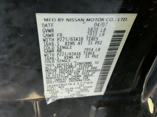 5N1BV28U27N137799 - 2007 NISSAN QUEST S BLACK photo 10