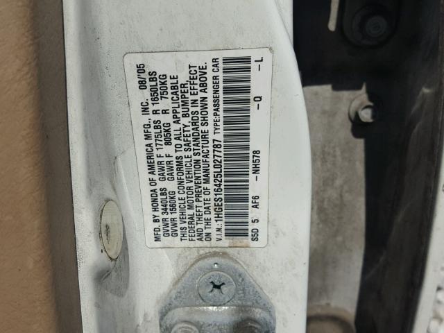 1HGES16425L027787 - 2005 HONDA CIVIC DX WHITE photo 10