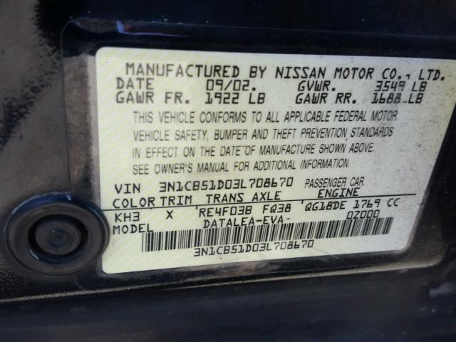 3N1CB51D03L708670 - 2003 NISSAN SENTRA XE BLACK photo 10