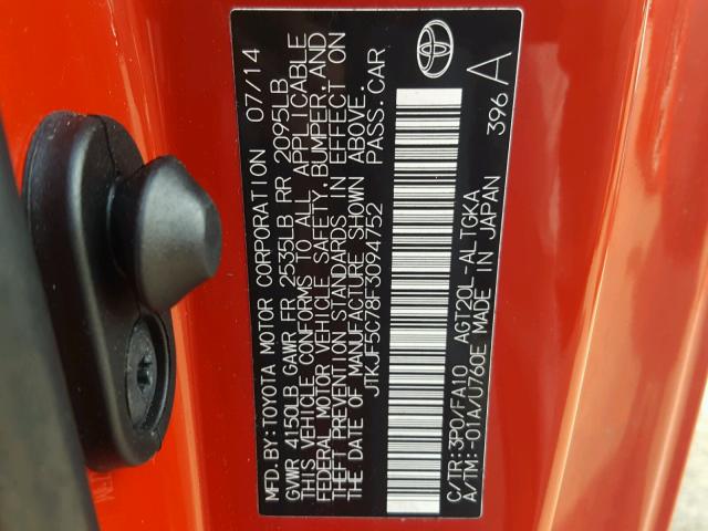 JTKJF5C78F3094752 - 2015 TOYOTA SCION TC 红色 照片 10