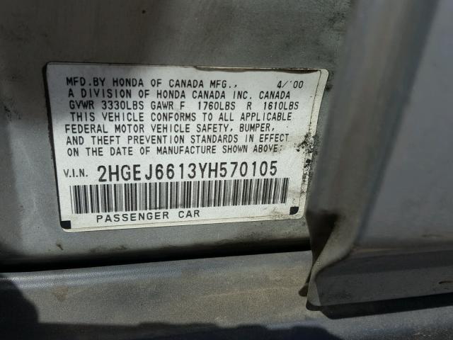 2HGEJ6613YH570105 - 2000 HONDA CIVIC BASE SILVER photo 10