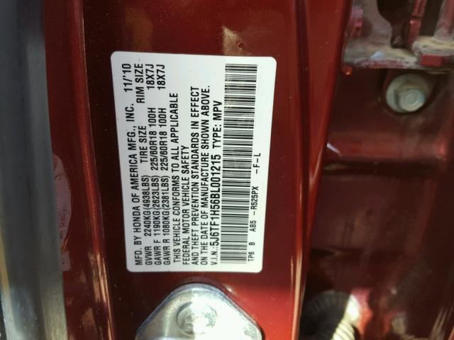 5J6TF1H56BL001215 - 2011 HONDA ACCORD CRO RED photo 10