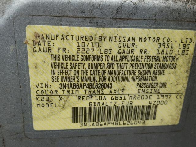 3N1AB6AP4BL626043 - 2011 NISSAN SENTRA 2.0 SILVER photo 10