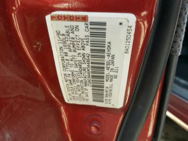 JT2AE94A6M3448642 - 1991 TOYOTA COROLLA DL RED photo 10