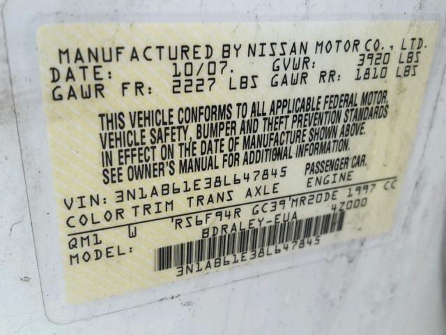 3N1AB61E38L647845 - 2008 NISSAN SENTRA 2.0 WHITE photo 10