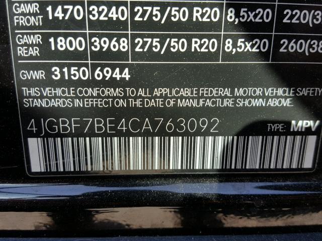 4JGBF7BE4CA763092 - 2012 MERCEDES-BENZ GL 450 4MA BLACK photo 10