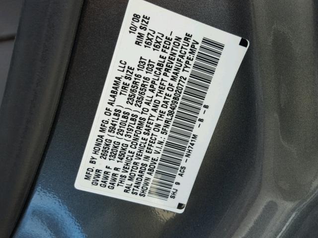 5FNRL38409B020772 - 2009 HONDA ODYSSEY EX GRAY photo 10