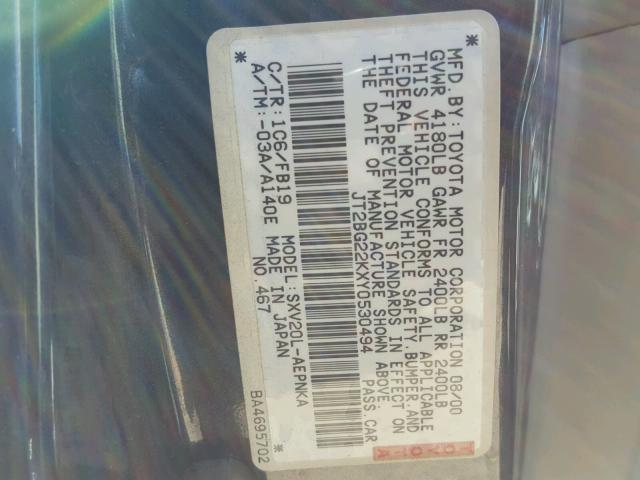 JT2BG22KXY0530494 - 2000 TOYOTA CAMRY CE GRAY photo 10