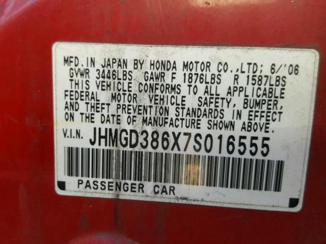 JHMGD386X7S016555 - 2007 HONDA FIT S RED photo 10