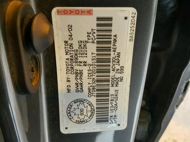 JTDBE32K720101517 - 2002 TOYOTA CAMRY LE GRAY photo 10