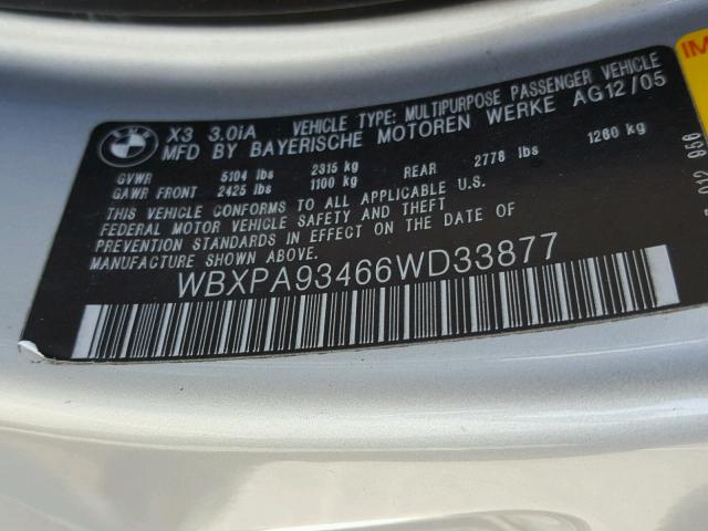 WBXPA93466WD33877 - 2006 BMW X3 3.0I SILVER photo 10
