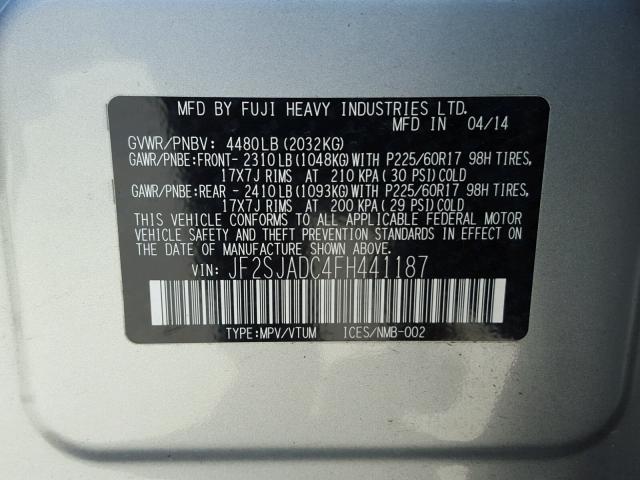 JF2SJADC4FH441187 - 2015 SUBARU FORESTER 2 SILVER photo 10