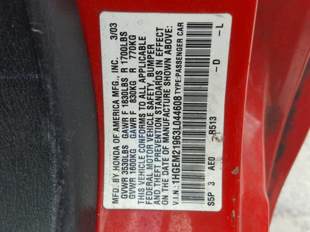 1HGEM21963L044608 - 2003 HONDA CIVIC EX წითელი ფოტო 10