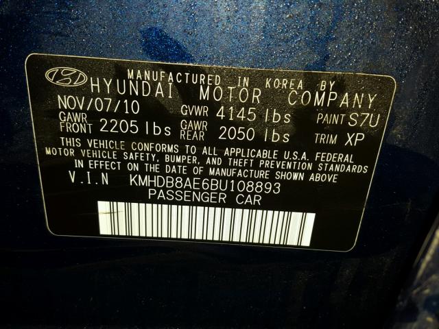 KMHDB8AE6BU108893 - 2011 HYUNDAI ELANTRA TO BLUE photo 10