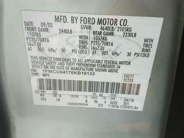 1FMCU94176KB19133 - 2006 FORD ESCAPE LIM GREEN photo 10