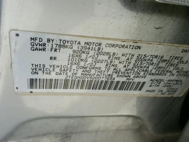 JTEGH20V520077654 - 2002 TOYOTA RAV4 SILVER photo 10