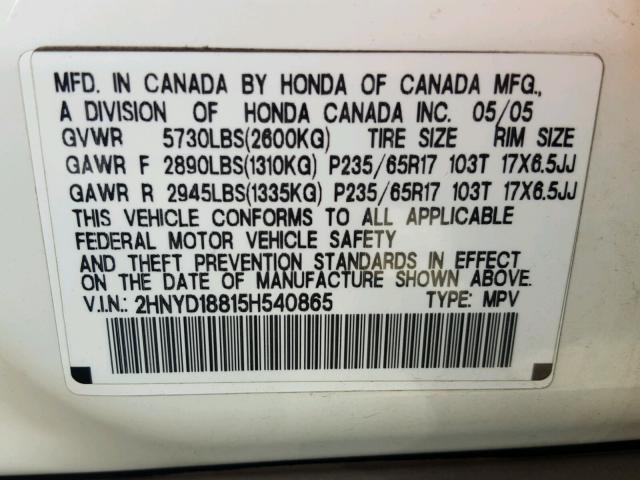 2HNYD18815H540865 - 2005 ACURA MDX TOURIN WHITE photo 10