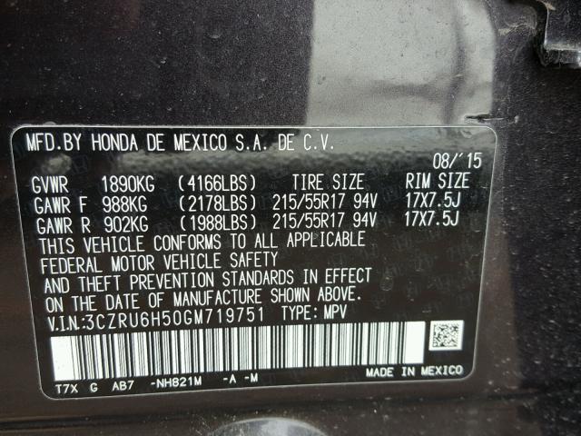 3CZRU6H50GM719751 - 2016 HONDA HR-V EX BLACK photo 10