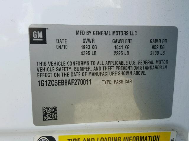 1G1ZC5EB8AF270011 - 2010 CHEVROLET MALIBU 1LT 白色 照片 10