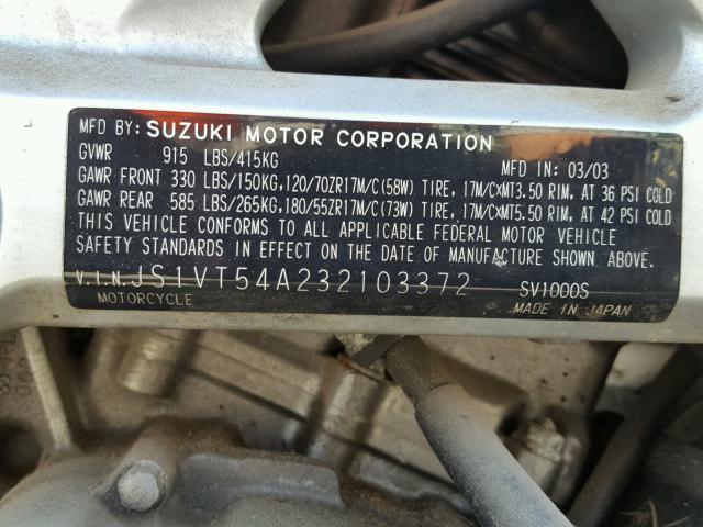 JS1VT54A232103372 - 2003 SUZUKI SV1000 SK3 GRAY photo 10