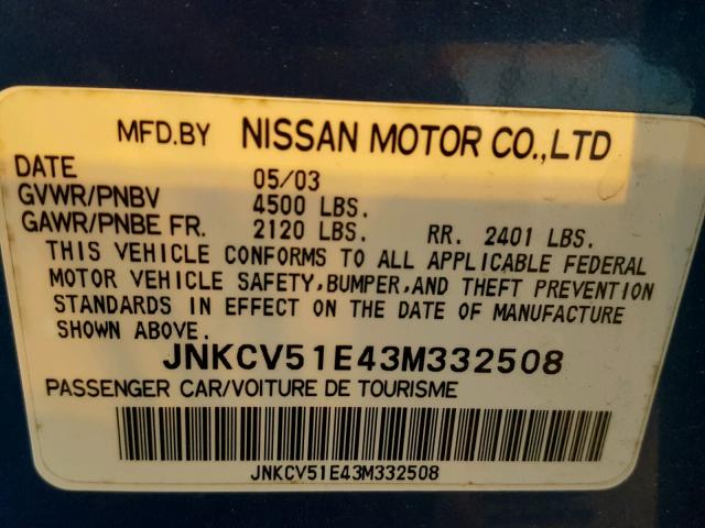 JNKCV51E43M332508 - 2003 INFINITI G35 BLUE photo 10