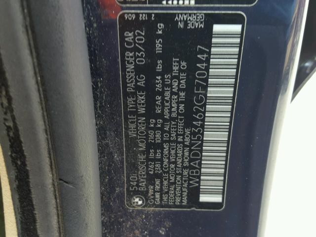 WBADN53462GF70447 - 2002 BMW 540 I BLUE photo 10