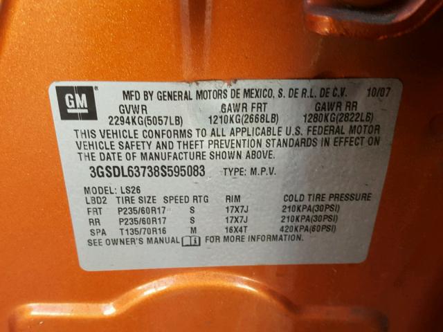 3GSDL63738S595083 - 2008 SATURN VUE XR ORANGE photo 10