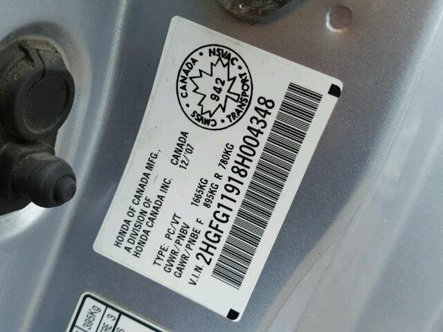 2HGFG11918H004348 - 2008 HONDA CIVIC EXL 银色 照片 10