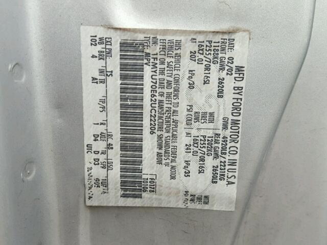 1FMYU70E62UC22206 - 2002 FORD EXPLORER S SILVER photo 10