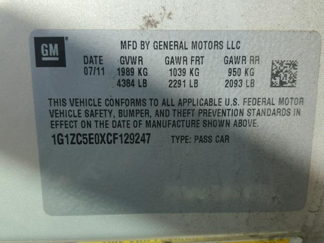 1G1ZC5E0XCF129247 - 2012 CHEVROLET MALIBU 1LT 金色 照片 10