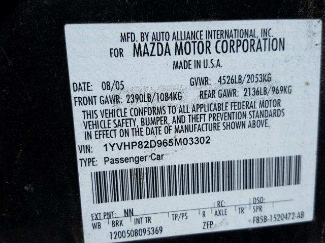 1YVHP82D965M03302 - 2006 MAZDA 6 S BLACK photo 10