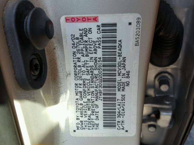 JTHBF30G220059154 - 2002 LEXUS ES 300 GRAY photo 10