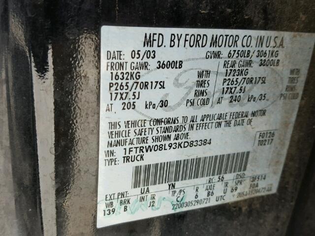 1FTRW08L93KD83384 - 2003 FORD F150 TWO TONE photo 10