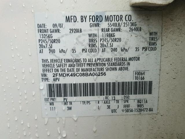 2FMDK49C08BA06256 - 2008 FORD EDGE LIMIT WHITE photo 10