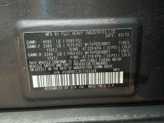 4S4BRBCC8D3289368 - 2013 SUBARU OUTBACK 2. GRAY photo 10