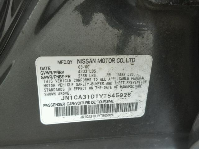 JN1CA31D1YT545926 - 2000 NISSAN MAXIMA GLE CHARCOAL photo 10