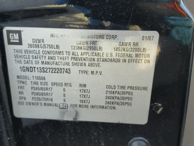 1GNDT13S272220743 - 2007 CHEVROLET TRAILBLAZE BLACK photo 10