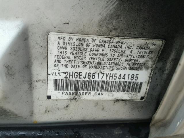 2HGEJ6617YH544185 - 2000 HONDA CIVIC BASE SILVER photo 10