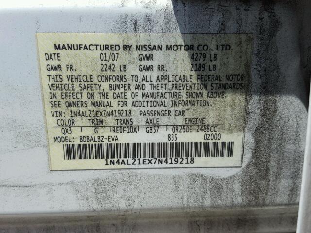 1N4AL21EX7N419218 - 2007 NISSAN ALTIMA 2.5 WHITE photo 10