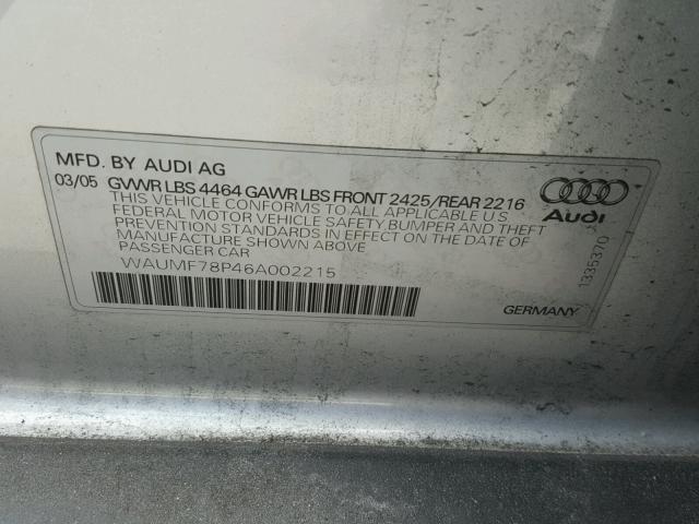 WAUMF78P46A002215 - 2006 AUDI A3 2.0 SPO SILVER photo 10