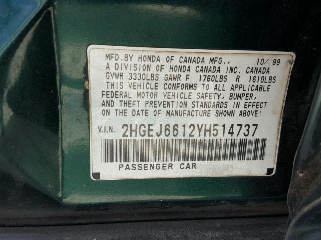 2HGEJ6612YH514737 - 2000 HONDA CIVIC BASE GREEN photo 10