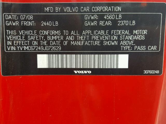 YV1MC67249J072629 - 2009 VOLVO C70 T5 RED photo 10