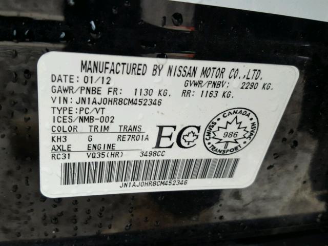 JN1AJ0HR8CM452346 - 2012 INFINITI EX35 BASE BLACK photo 10