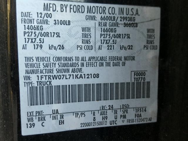 1FTRW07L71KA12108 - 2001 FORD F150 SUPER BLACK photo 10