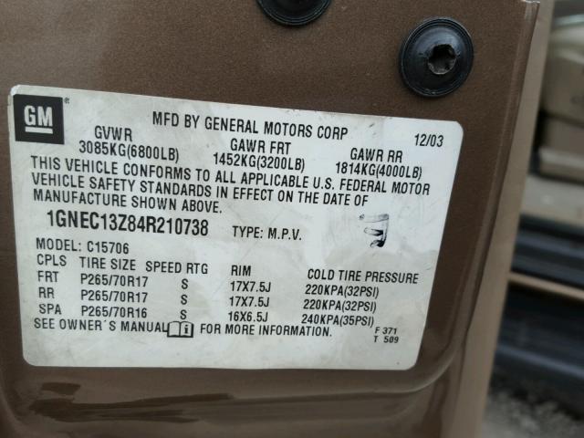 1GNEC13Z84R210738 - 2004 CHEVROLET TAHOE C150 TAN photo 10